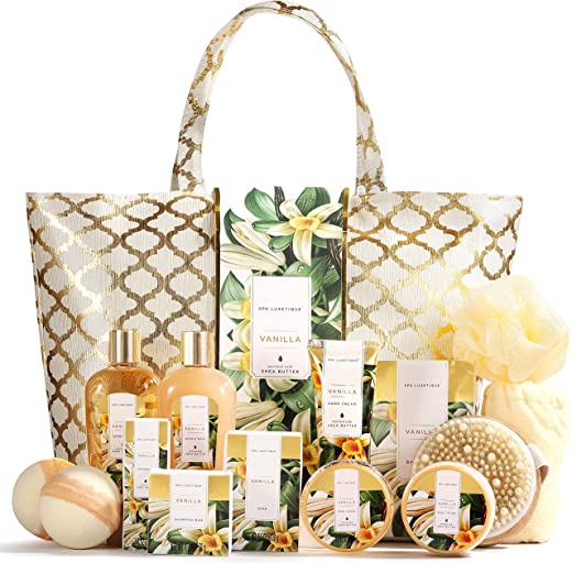 Spa Luxetique Gift Baskets for Women, Vanilla Scent Spa Gift for Women, 15 Pcs Self Care Gifts Including Bubble Bath, Massage Oil, Bath Salt, Bath Bombs and Luxury Tote Bag, Birthday Gifts for Women